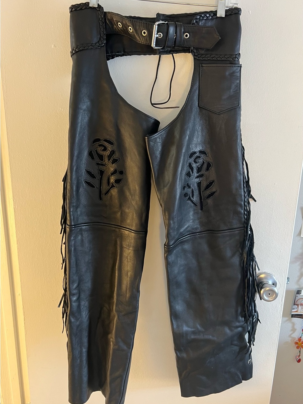 Unik Black Leather Motorcycle Fringe Chaps